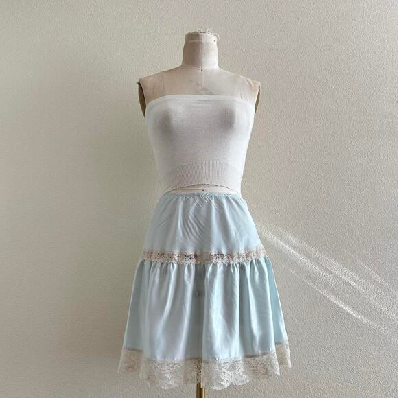 Handmade Light Blue Nylon 2-Tiered Lace Trim Ruffled Mini Petti Slip Skirt - Picture 1 of 8